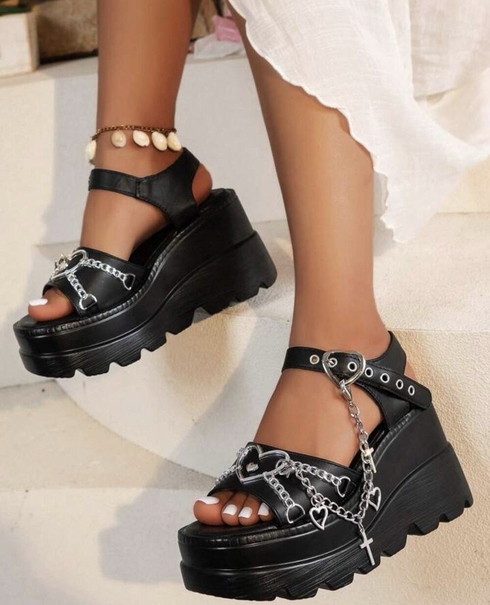 Womens Chunky Platform Sandals Chain Cross Heart Charm Ankle Strap Black US 12